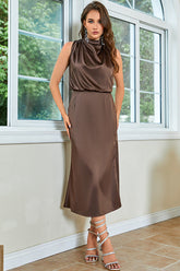 Y2K Fashions Turtleneck Sleeveless Satin Midi Dresses